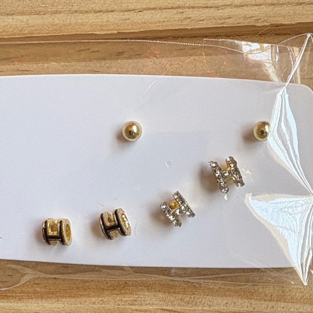Gold, Black and Silver Initial H Stud Earrings Set